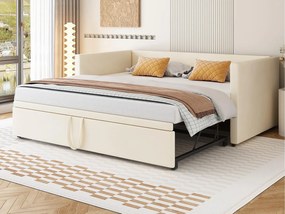 Rozkładana sofa z weluru 90/180x200cm - z wsuwanym łóżkiem - z stelażem lamelowym - Beżowy