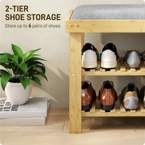 HOMCOM Ławka na buty z siedziskiem, bambusowa ławka z miejscem na obuwie, 2 otwarte półki, 60 x 29 x 49 cm, szara | Aosom PL