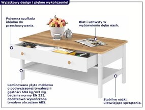 Ława Kawowa Biały Z Szufladą I Półką + Dąb Nash A5-K04
