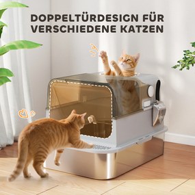 PawHut XXL Toaleta dla kotów ze stali nierdzewnej z klapą, kuweta z łopatką, dla dużych kotów do 20 kg, łatwa do czyszczenia, neutralizująca zapachy, Szara