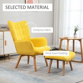 HOMCOM Akcentowy fotel w stylu skandynawskim, z ottomaną, zestaw foteli, drewno bukowe, wygląd kordu, Żółty