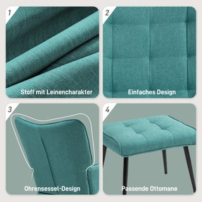 HOMCOM Bujany fotel z podnóżkiem, szerokie siedzisko, wysokie oparcie, imitacja lnu, Czarny/Szary