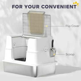 PawHut Kuweta dla kotów ze stali nierdzewnej, XL wnętrze, z łopatką, jasnoszara