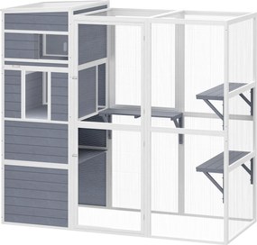 PawHut Klatka dla kotów na zewnątrz Domek dla kotów z drewna z 3 platformami, odpornym na warunki atmosferyczne dachem i miejscem do odpoczynku dla 3-4 kotów do 10 kg, Szary | Aosom PL