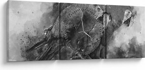 Obraz - Papugi akwarelowe (z zegarem) (90x30 cm)