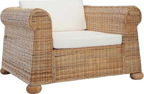 Fotel z naturalnego rattanu z zdejmowanymi kremowymi poduszkami lnianymi, rama z litego drewna, styl współczesny, komfort i trwałość