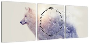 Obraz - Wilk arktyczny odzwierciedla dziki krajobraz (z zegarem) (90x30 cm)