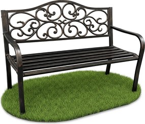 Brązowa ławka ogrodowa IRGA ze stalowymi nogami i żeliwnym oparciem szerokość 127 cm