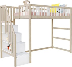 Łóżko antresolowe dziecięce 90×200 cm - z drabiną ze schowkiem - z barierkami bezpieczeństwa - naturalne (bez materaca)