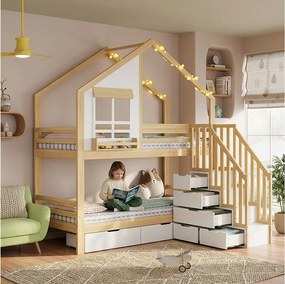 Łóżko piętrowe dla dzieci - 2 x 90 x 200 cm - z szufladami + okienkami + drabinką - sosna + płyta MDF - kolor biały i naturalny