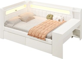 Rozkładana sofa 140x200 cm - z portami USB i LED - z biurkiem i 2 szufladami - biała (bez materaca)