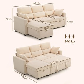 HOMCOM Regulowana sofa rozkładana, narożna sofa dla gości z funkcją łóżka, schowek, poduszki, do salonu, pokoju gościnnego, beżowy