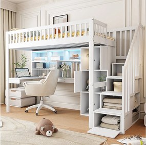 Łóżko piętrowe 90 x 200 cm z biurkiem, schowkami i półkami - LED - Sosna + MDF - Białe (materac nie jest wliczony w cenę)