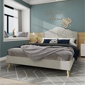 Łóżko dla dorosłych 160 x 200 cm - Łóżko dwuosobowe z miękkim zagłówkiem i drewnianymi nogami - beżowy aksamit holenderski