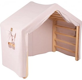 Duży domek z drabinką dla dzieci 112x61x94 cm składaną do pokoju. drewno, len, wiskoza, różowy domek, naturalna drabinka. - meowbaby®