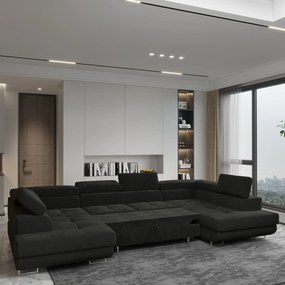 Masseno Narożnik RAGGIO z funkcją spania i pojemnikiem na pościel Narozniki U, Rozkładana sofa - Czarny, MONOLITH 95