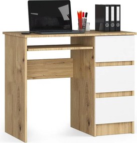 Biurko komputerowe AKORD A6 Dąb Artisan 90 cm prawe 3 szuflady kolor Biały mat 1 półka 90x50x77 cm