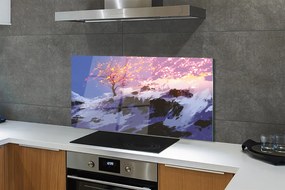 Panel szklany do Kuchni Zimowy Krajobraz z Drzewem i Górami