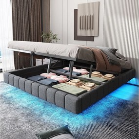 Podwójne łóżko z pojemnikiem 180x200 cm z regulowanym oświetleniem LED, len szary - bez materaca (bez zagłówka)