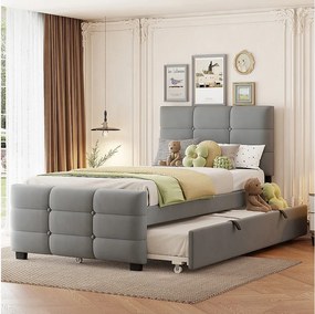 Łóżko dziecięce tapicerowane - 90 x 190 cm - z łóżkiem wysuwanym 90 x 190 + zagłówek - MDF + Metal + Aksamit - szary