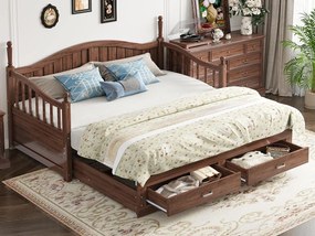 Rozkładana sofa z litego drewna 90/180x200 cm z kolumnami rzymskimi i 2 szufladami - Brązowa