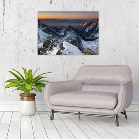 Obraz na szkle - Wschód słońca w górach (70x50 cm)