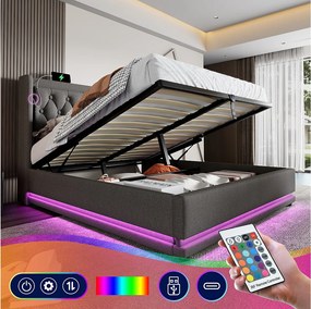 Łóżko ze schowkiem 160 x 200 cm, szara bawełna, łóżko dwuosobowe z diodą LED i portem USB, bez materaca