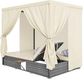 Zestaw mebli ogrodowych 2-osobowych, rozkładany fotel ogrodowy z poliestru rattanowego - zasłona przeciwsłoneczna - 2 składane stoliki kawowe - szary + biały