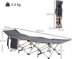 Outsunny Łóżko Kempingowe, Składane, Odporna na Warunki Atmosferyczne, z Torbą, 190 x 68 x 52 cm, Szare