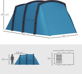 Outsunny Nadmuchiwany Namiot Kempingowy 3-6 Osób Namiot Tunelowy na Zewnątrz z Bocznymi Oknami, Drzwiami, Pompowanymi Belkami, 4,4 x 2,8 x 1,95 m, Niebieski