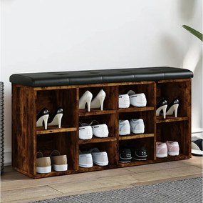 Ławka na buty z dymionego dębu 102x32x50 cm z czarną poduszką z ekoskóry, wytrzymałe drewno inżynieryjne i duża przestrzeń do przechowywania