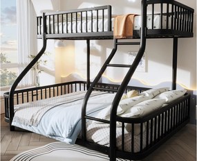 Łóżko piętrowe 90x200 cm + 140x200 cm - konstrukcja żelazna - z barierkami bezpieczeństwa - z drabiną - Czarny​ (materac nie jest wliczony w cenę)