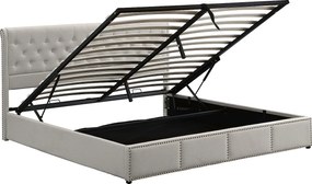 Łóżko 180x200 cm z pojemnikiem - Łóżko podwójne z tapicerowanym zagłówkiem - zdobione ćwiekami - jasnoszary len - bez materaca