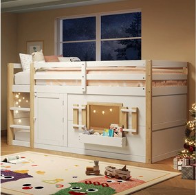 Łóżko piętrowe dla dzieci - 2 x 90 x 200 cm - z drabinką + kącik do zabawy - drewno - białe