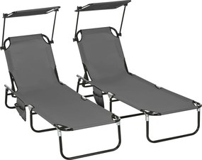 Outsunny Zestaw 2 składanych leżaków ogrodowych z 5-stopniową regulacją oparcia i daszkiem przeciwsłonecznym, w kolorze ciemnoszarym | Aosom PL