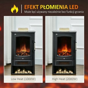 HOMCOM Elektryczny Kominek z Realistycznymi Płomieniami, 2 Poziomy Ogrzewania, Ochrona przed Przegrzaniem, Stal, Czarny, 44,5 x 32 x 74cm