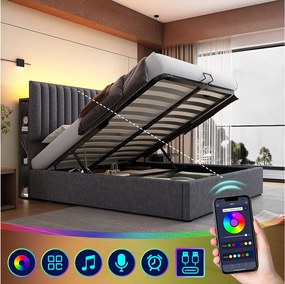 Łóżko z pojemnikiem 140 x 200 cm i regulowanym zagłówkiem - Tkanina lniana - USB typu C i diody LED - Różowe