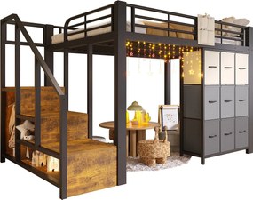 Łóżko na antresoli 140×200 cm - Metal - Z szufladami - Z szafą - Z drabiną z pojemnikami - Czarny​ (materac nie jest wliczony w cenę)