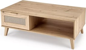 Ława do salonu Calviro – nowoczesna ława z szufladą, w kolorze dąb artisan z dekoracyjną plecionką wiedeńską
