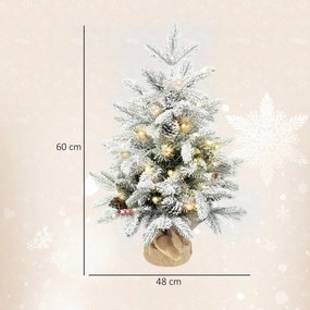 HOMCOM Mini 60cm choinka z 35 diodami LED, efekt śniegu, mini choinka stołowa z szyszkami, sztuczna choinka do dekoracji świątecznych, Biały | Aosom PL