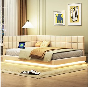 Sofa rozkładana 140x200 cm, beżowy aksamit, łóżko dla dorosłych z oświetleniem LED i portem USB, stelaż z listew - bez materaca
