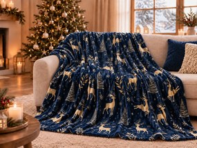 Świąteczny koc z mikropluszu GOLDEN DEER ciemnoniebieski Rozmiar: 200 x 220 cm