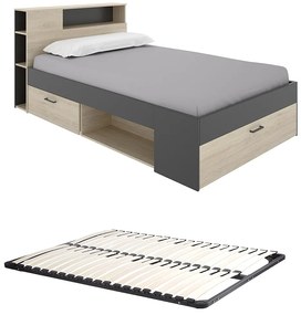 Łóżko z zagłówkiem  ze skrzynią i i szufladami - 120 x 190 cm - Naturalny i antracytowy + Stelaż - LEANDRE