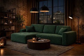 Narożnik w kształcie L z funkcją spania i pojemnikiem Ivo L, tkanina sztruksowa Poso, Zielony, Lewy