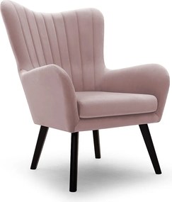 Fotel TED z tkaniny Velluto, wysoka oparcie, szerokie siedzisko, czarne nogi, pionowe przeszycia, 76x78x100 cm, pudrowy róż