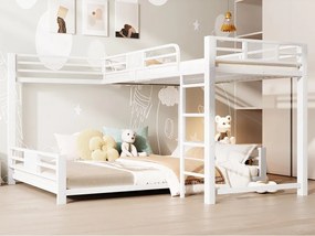Piętrowe łóżko z metalu w kształcie litery L - 90x200 cm + 140x200 cm - z barierkami bezpieczeństwa i drabiną - Metal - Biały​ (Materac nie jest wliczony w cenę)
