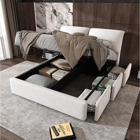 Łóżko podwójne z pojemnikiem - 140 x 200 cm - z 3 szufladami + hydrauliczny stelaż + zagłówek - aksamitne - beżowe