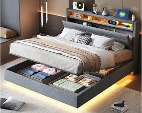 Łóżko z tapicerowanym zagłówkiem z lnu 140x200 cm - z gniazdem USB i LED - Szare