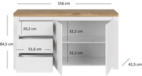 Komoda Dwudrzwiowa z Szufladami Drewniana do Salonu HAVEN 156 cm Biały Połysk/Dąb Wotan Nowoczesna