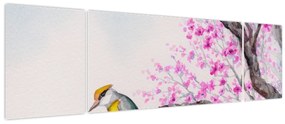 Obraz - ptak na drzewie z różowymi kwiatami (170x50 cm)